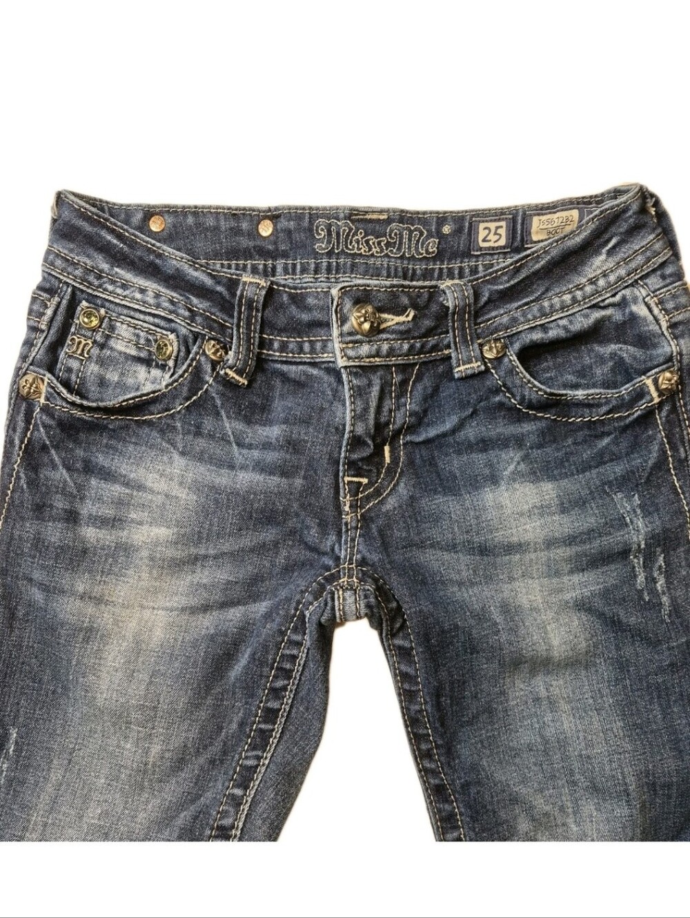Miss Me Womens Dk Wash Bootcut Jeans 25"Wx31"L Embellished Leather Patch Y2K